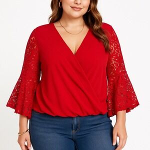 Amy Wear Red Blouse Top Size L Lace Bell Sleeve Surplice Faux Wrap‎